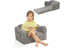 SAETSFEG Plush Kids Couch for Toddler Ages 1-3 with Pockets, 2-in-1 Comfy Soft Kids Sofa Fold Out for Boys and Grils, Armrest Convertible Baby Chair, DarkGrey
