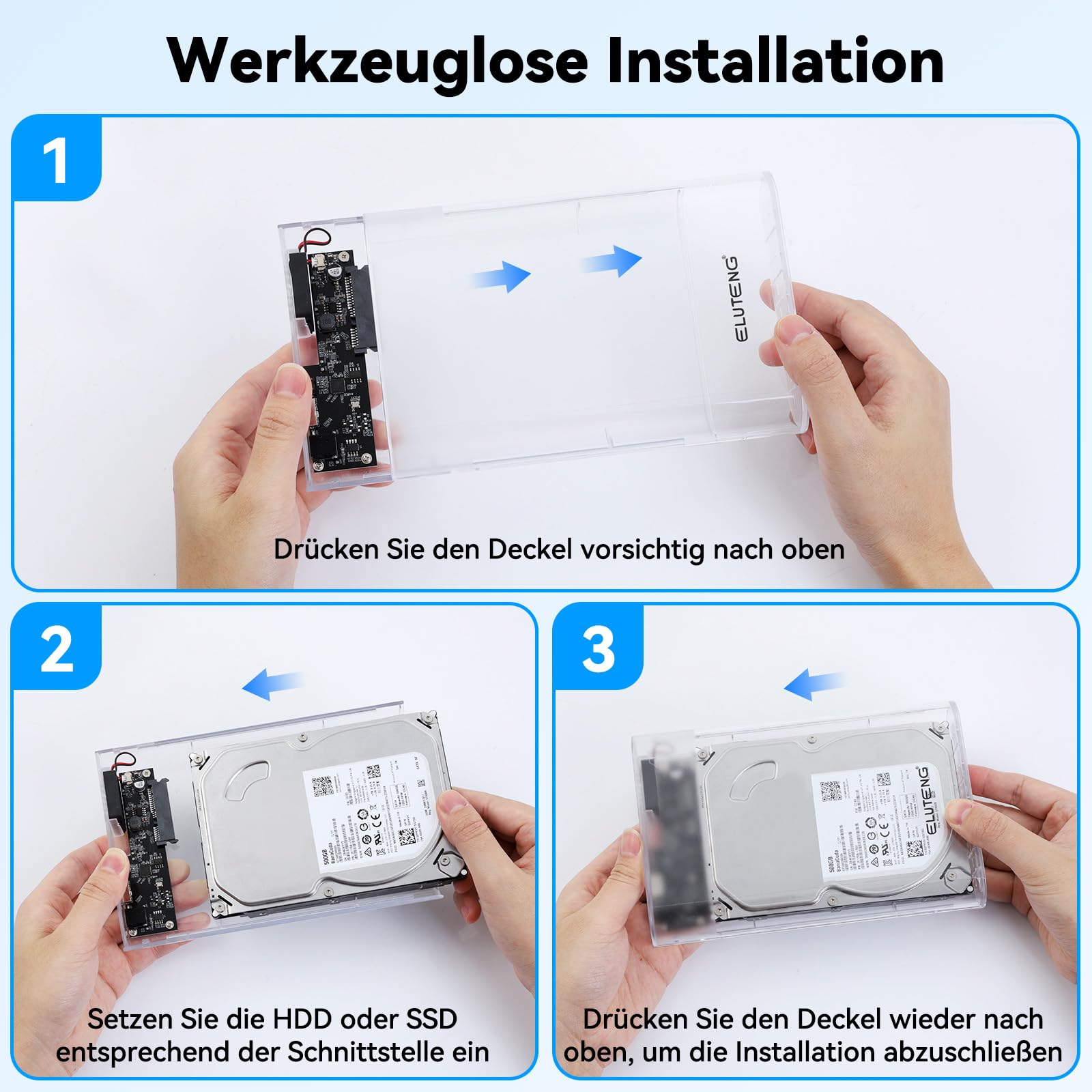 ELUTENG Festplattengehäuse 3,5 Zoll 5Gbit/s USB 3.0 Externes Festplatten Gehäuse für 3,5 2,5 Zoll SATA SSD HDD bis zu 24TB, Externe SSD Gehäuse mit 12V/2A Netzteil, Unterstützung UASP Trim 7