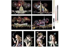 NAIHEY Scratch Art Rainbow Painting Paper(A4), DIY City Crafts Womens Hobbies, Engraving Art for Youth & Adults Scratch Painting Easter & Christmas Birthday Creative Gift Set: 8 Sheets (Fireworks & Girls)