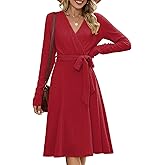 ZAFUL Women's 2025 Casual V Neck Long Sleeve Sweater Dress Wrap Ribbed Knit Pleated Midi Dresses with Belt
