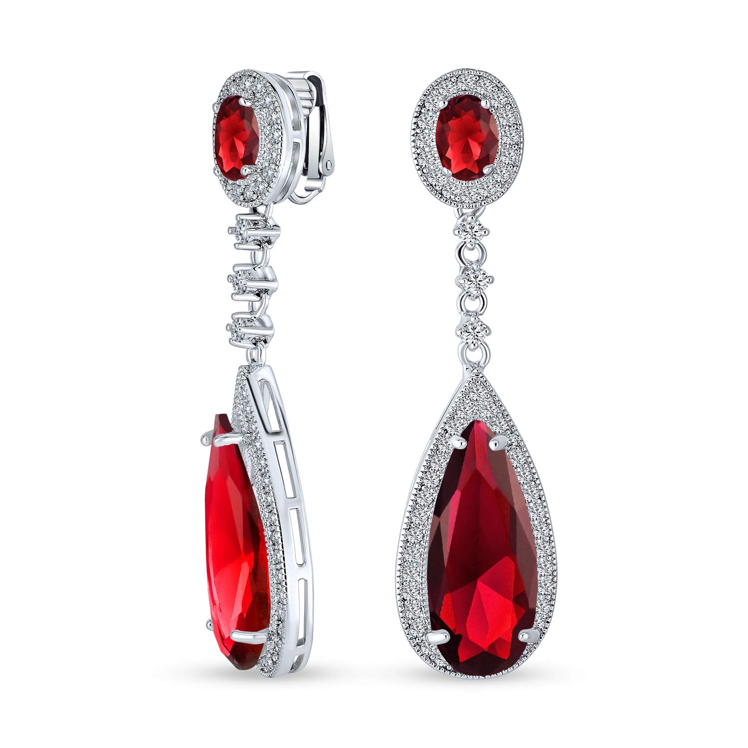 Red Long Teardrop Cubic Zirconia Dangle Statement CZ Screw Clip On Earrings Simulated Ruby Silver Plated Brass — image 1