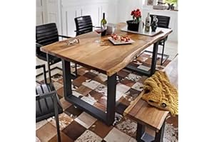 HM&DX Industrial Pine Wood Dining Table,Rectangle Kitchen Table Farmhouse Live Edge Dining Table,Wooden Table Top & Metal Leg,Long Dining Room Table for 2,4,6,8(55.1" L x 23.6" W x 29.5" H, Brown)