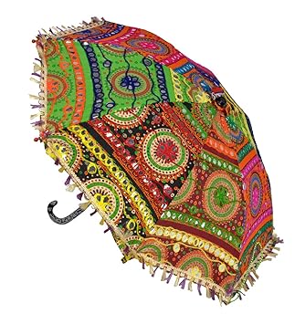 Lal Haveli Round Embroidery Work Design Cotton Sun Protection Umbrella 21 x 26 inches