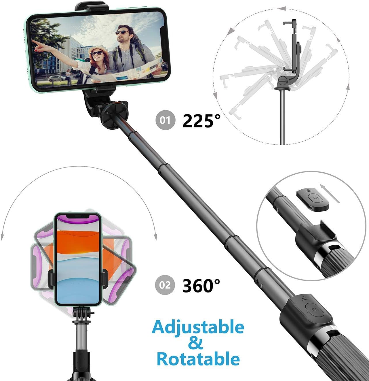 Selfie Stick Tripod with Removable Wireless Bluetooth Remote Shutter Compatible,Lightweight Extendable Aluminum Pocket Selfie Stick for iPhone 11/XR/X/8/8P/7/7P Android Phone，Gopro,Webcam and Camera: Camera & Photo