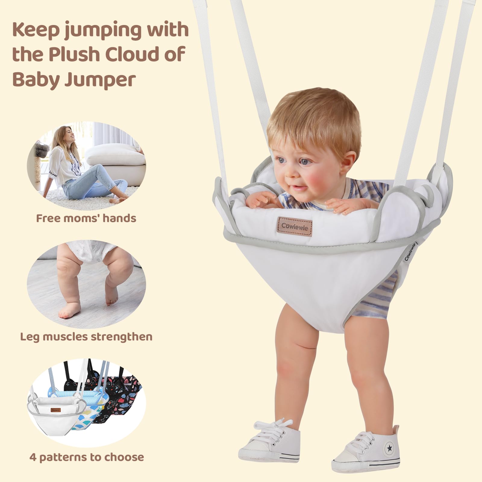 Cowiewie Door Jumper for Baby with Adjustable Seat and Strap, Fun Activity for 6-12 Months Baby Infant, Ultra Soft Flannel, White
