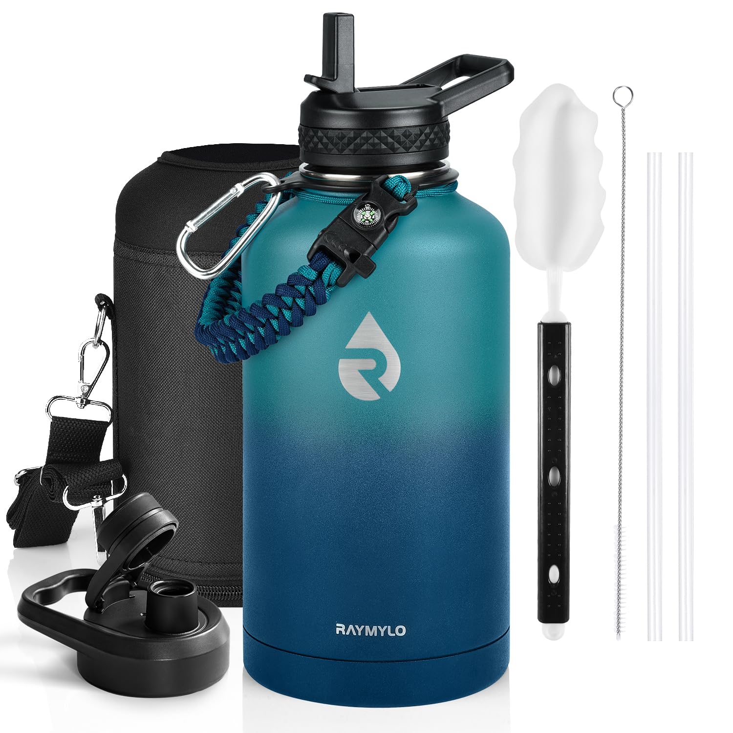 Photo 1 of RAYMYLO Insulated Water Bottle 64 oz, Triple Wall Vacuum Stainless Steel (Cold for 48 Hrs), Leak Proof & Non-BPA, Half Gallon Water Flask Jug with Paracord Handle & Straw Spout Lids, Cyan Blue