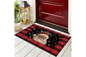 Fourluoo 2 Pcs Christmas Front Porch Rug Black Santa Christmas Door Mat Imitation Coco Coir Buffalo Plaid Xmas Welcome Layering Rug for Outdoor Winter Home Festival Holiday Decor, 28 x 43 Inch