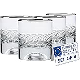 Biandeco Silver Rim Whiskey Glasses Set of 4, Heavy Base Platinum Crystal-Cut Rocks Glasses, Premium Lowball Tumbler for Bourbon, Scotch Whiskey, Cocktails, Cognac, 7 oz