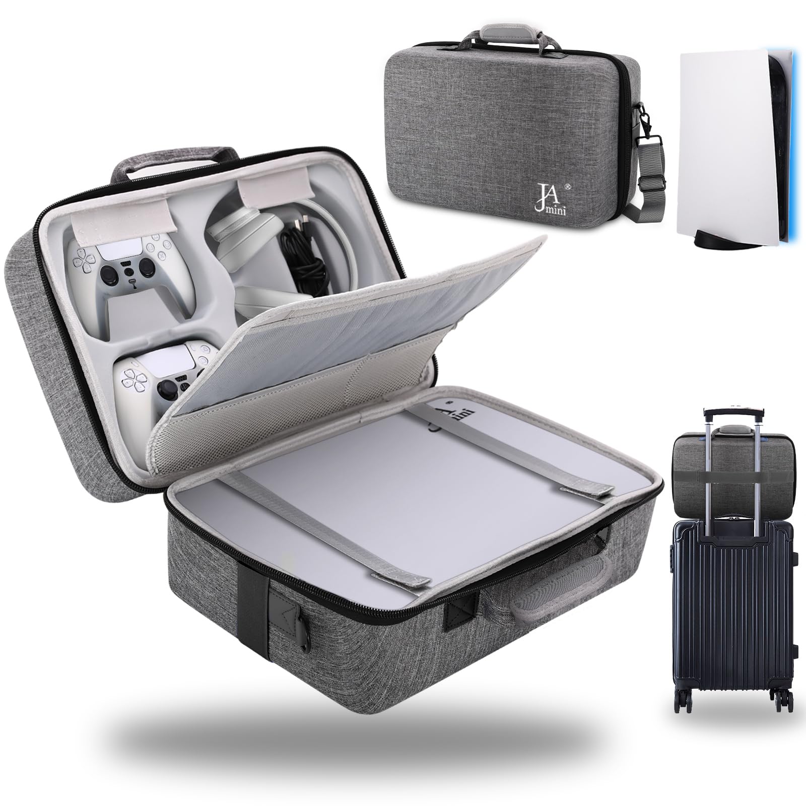 jamini Hard Shell Carrying Case for PS5, PS5 Pro,Ps 5 Slim, Travel Case Shockproof Protective Storage Bag for Playstation 5 Console ControllerDisk Digital Edition, Headset, Accessories