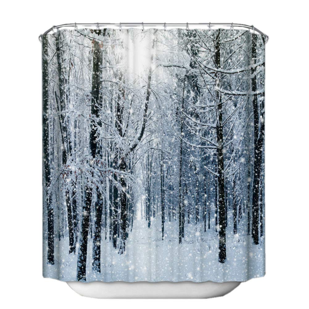 Fangkun Forest Shower Curtain - Winter Snow on Trees - Polyester Fabric Waterproof Bath Curtains Decor Set - 12PCS Shower Hooks - Blue and White -72 x 72 inches