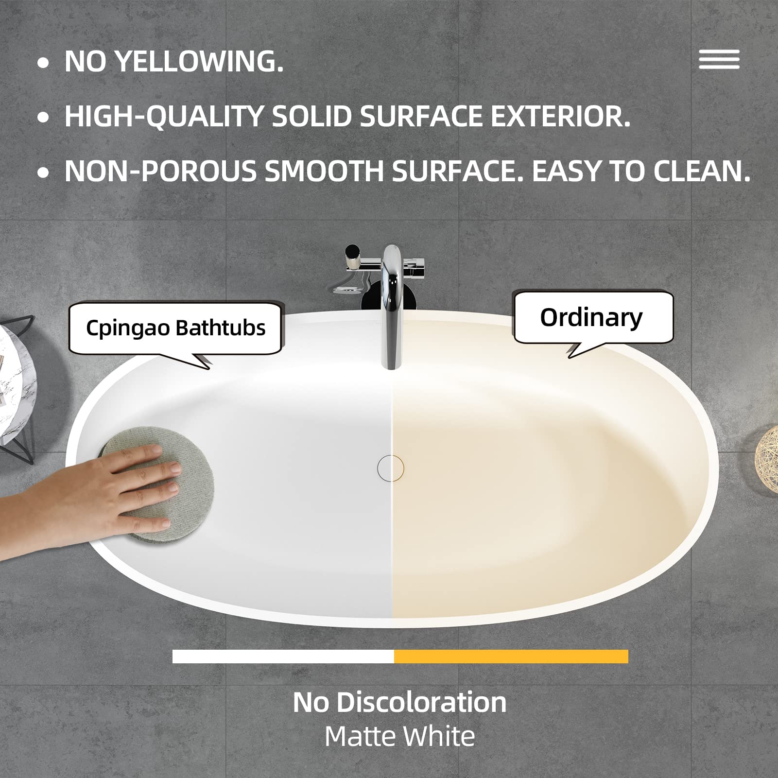 Cpingao 67" Freestanding Bathtub, Oval Shaped Stone Resin Freestanding Tubs, Solid Surface Matte