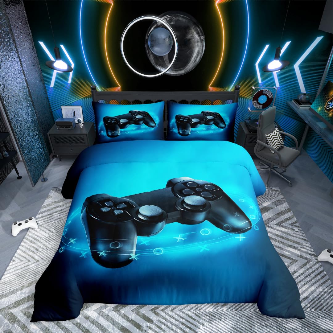 Children's Duvet Cover Set, Teens’ Gamepad Bedding Set, Modern VR Gamer Comforter Cover for Boys, Girls, Gaming Joystick, Bedroom Decor with 1 Pillowcase, 155 x 220 cm, Blue — image 1