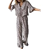 codcm Womens Cotton Pajama Set Ruffle 2 Piece Tie Front Shirt and Long Pants Cute Printed Sleepwear