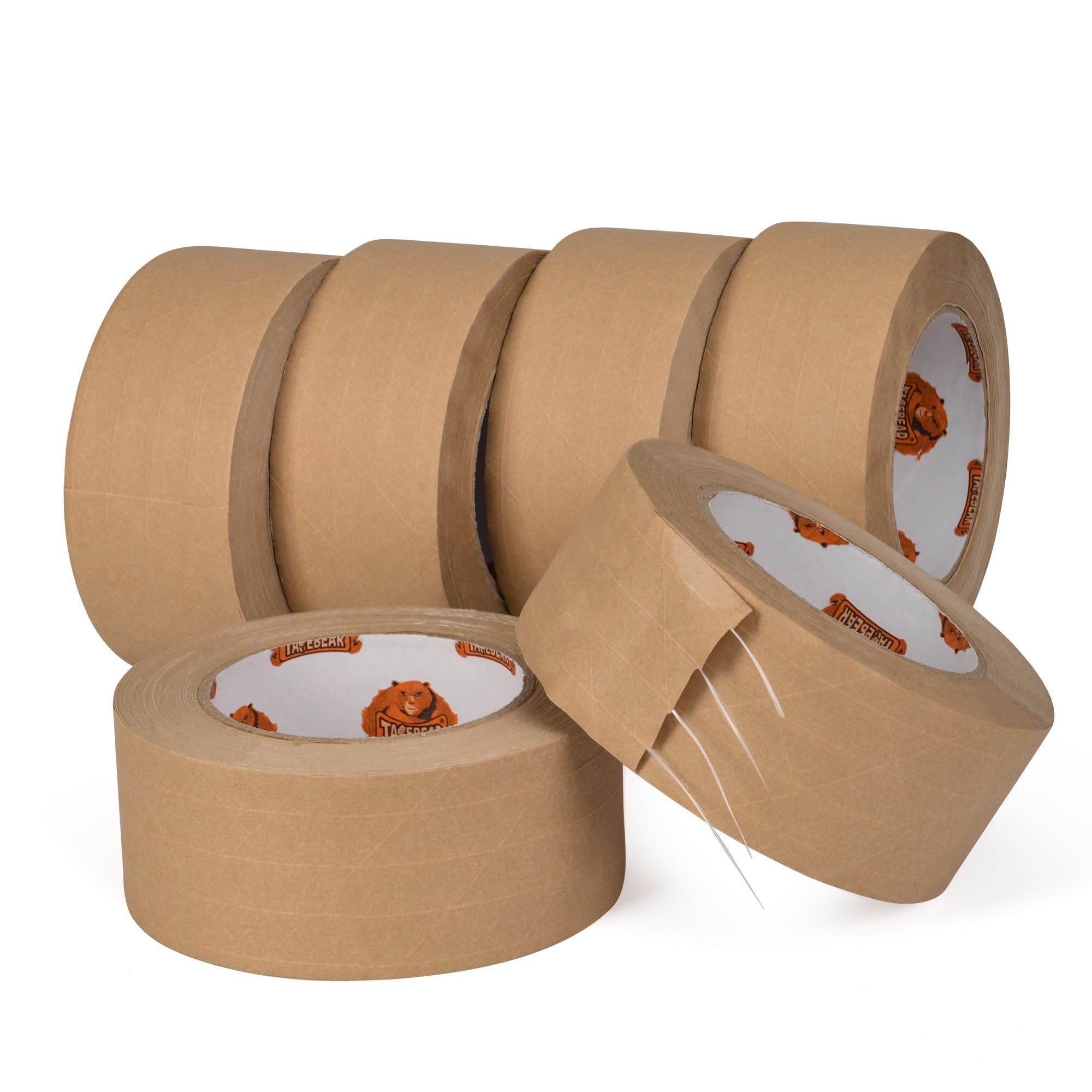 TAPEBEAR Water Activated Tape Reinforced Packing Tape 50mm x 50m, Eco-Friendly Tape Refills Brown Kraft Gum Tape Writable for Heavy Duty Shipping, Moving, 6 Rolls, Total 300 Meters