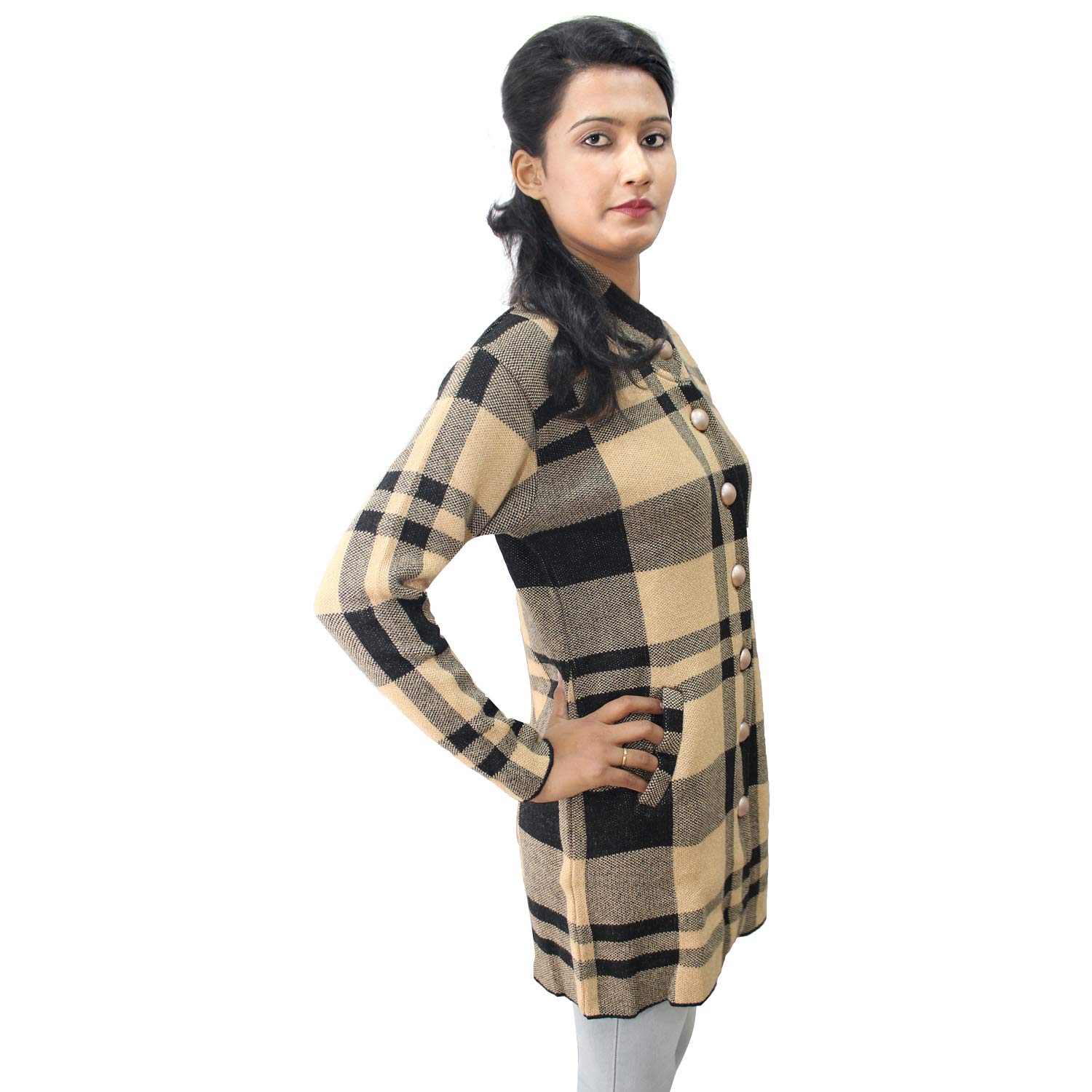 matelco women's checks woollen coat with pockets