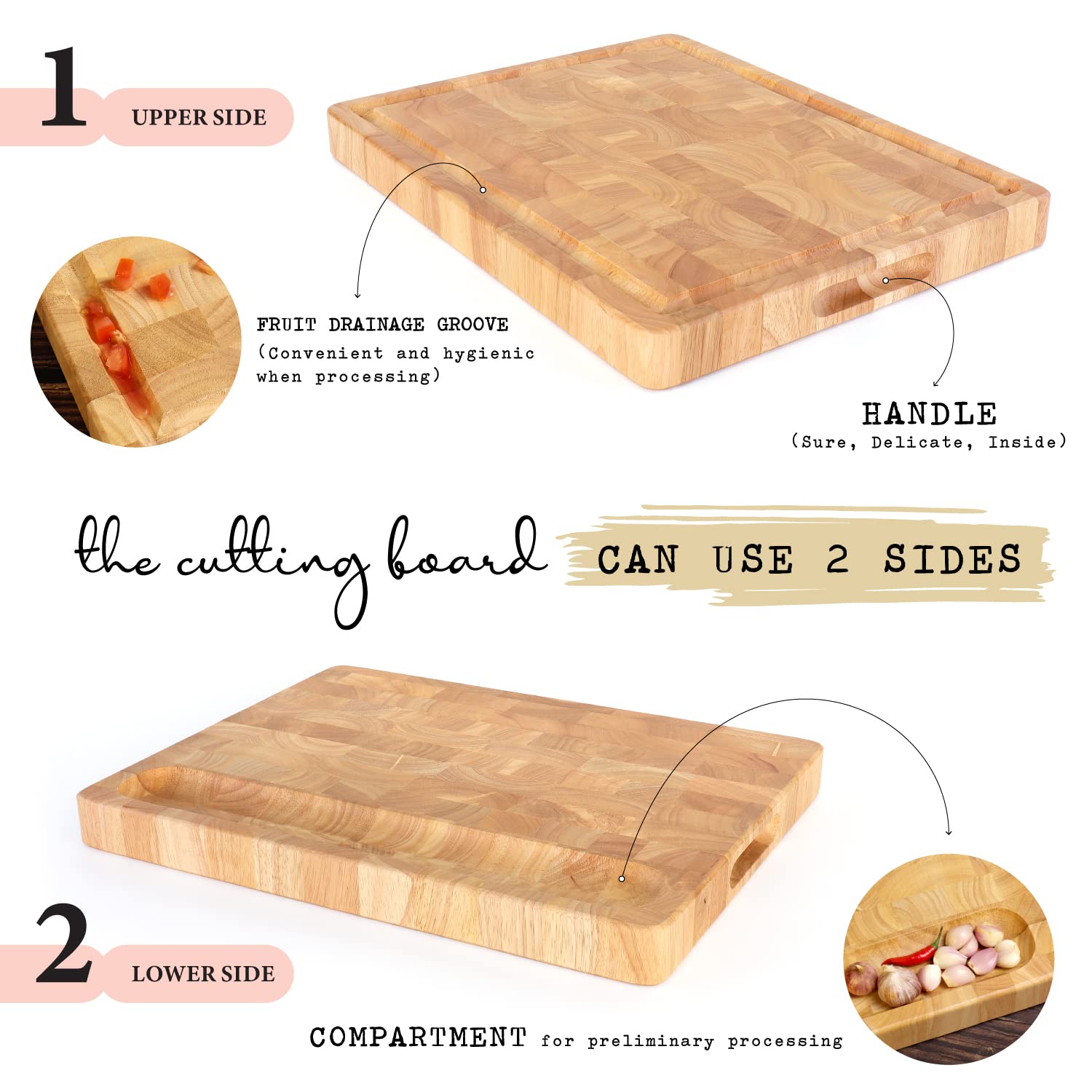 Wooden Butcher Block End Grain Cutting Board - 17x13x1.5in Reversible Multipurpose Chopping Board with Juice Groove, Cracker Holder & Inner Handles