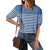 ZESICA Women's Casual Striped Tops Short Sleeve Crew Neck Ribbed Knit T Shirts Comfy Loose Basic Pullover Sweater