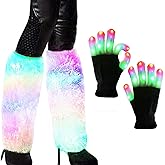 DreamsEden Light Up Gloves and Leg Warmer LED Flashing Furry Arm Leg Warmers with Finger Glowing Gloves Rave Party Accessory for Adult Teens