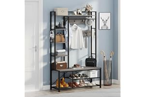 BON AUGURE Hall Tree with Bench and Shoe Storage, Entryway Bench with Coat Rack, Wooden Metal Coat Tree with Hooks, 5 in 1 Multifunctional Shoe Benches and Wall Rack (Dark Gray Oak)