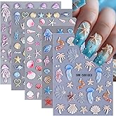 Ocean Nail Stickers 5D Embossed Seashell Nail Stickers 3D Self-Adhesive Blue Starfish Summer Nail Decals with Designs Purple Jellyfish Coral Nails Manicure Accessories for Women 5 Sheets