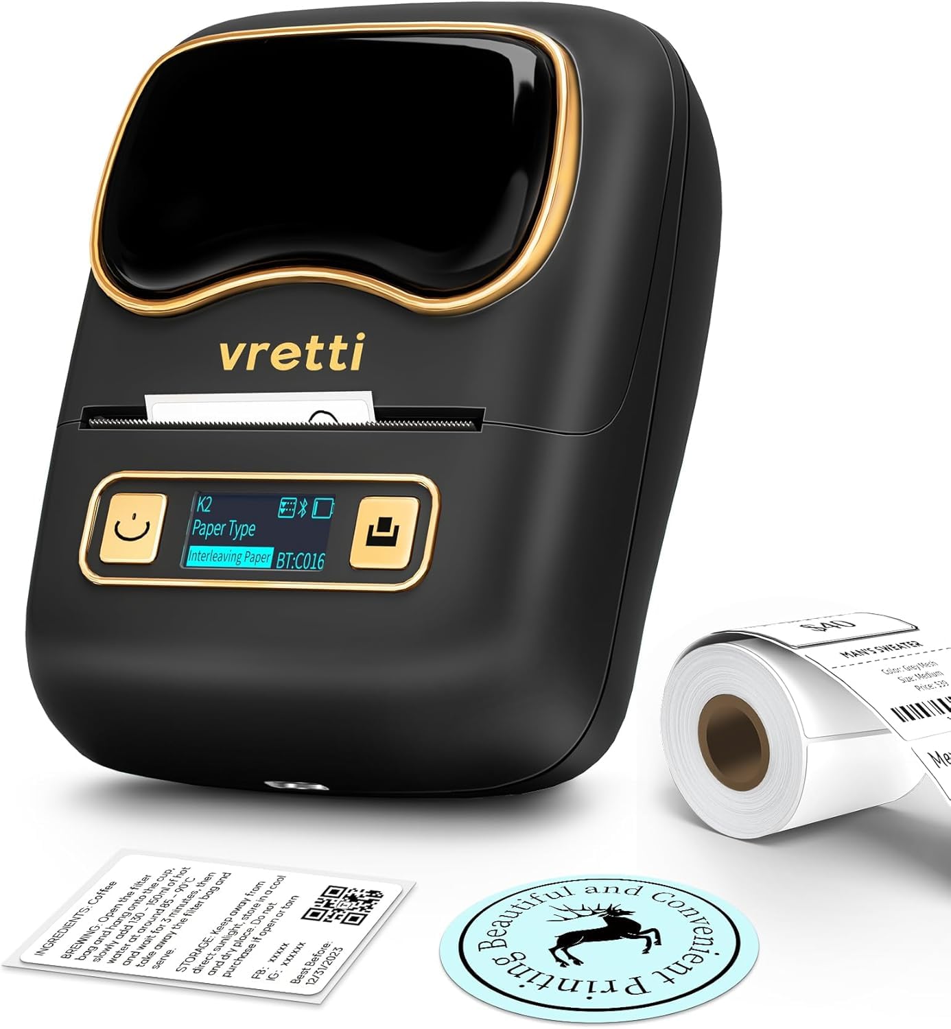 Photo 1 of vretti Label Maker Machine with Tape, 2 Inch Labels Printer, K2 Bluetooth Label Makers, Thermal Labeler for Clothes Address Barcode Logo Waterproof, Easy to Use, Fits Office Home School Gift - Black