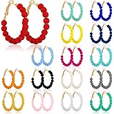 Sureio 16 Pairs Beaded Hoop Earrings Women Bohemian Circle Round Bead Earrings Bulk Colorful Bead Dangle Earrings(1.37 Inch)