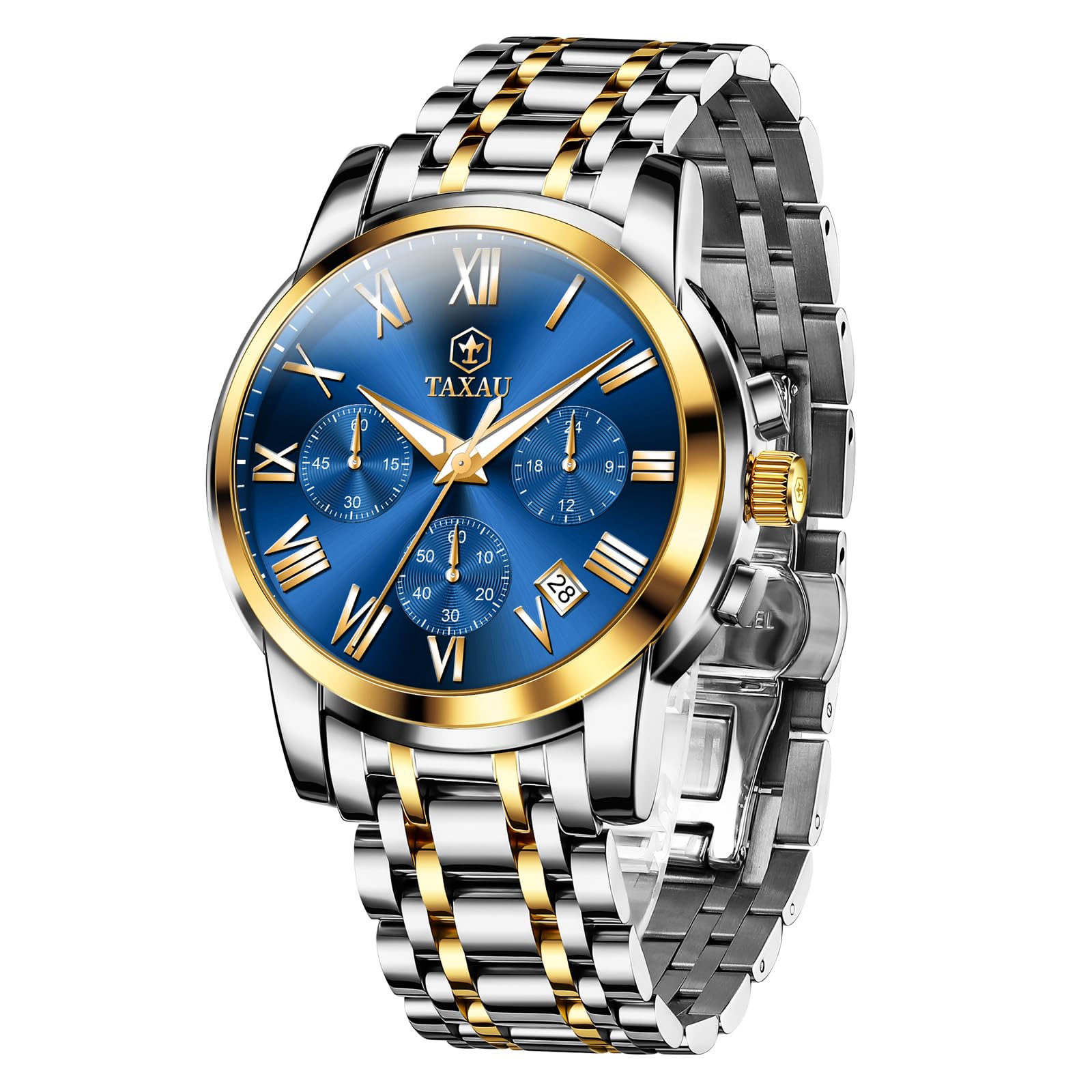 Taxau Men's Chronograph Watch Quartz Stainless Steel Wrist Watch with Date Multi-Function Luxury Dress Watch for Men