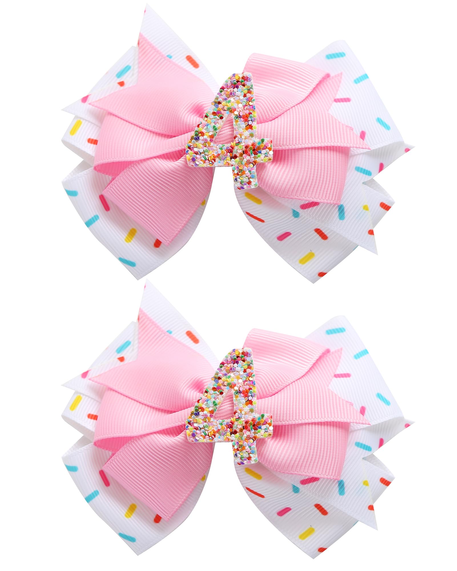 Photo 1 of 2Pcs Birthday Hair Bow for Baby Girls 2 3 4 5 6 7 Years Sprinkle Decorations Confetti Ice Cream Party Pink Pigtail Hair Accessories for Four 4th Birthday