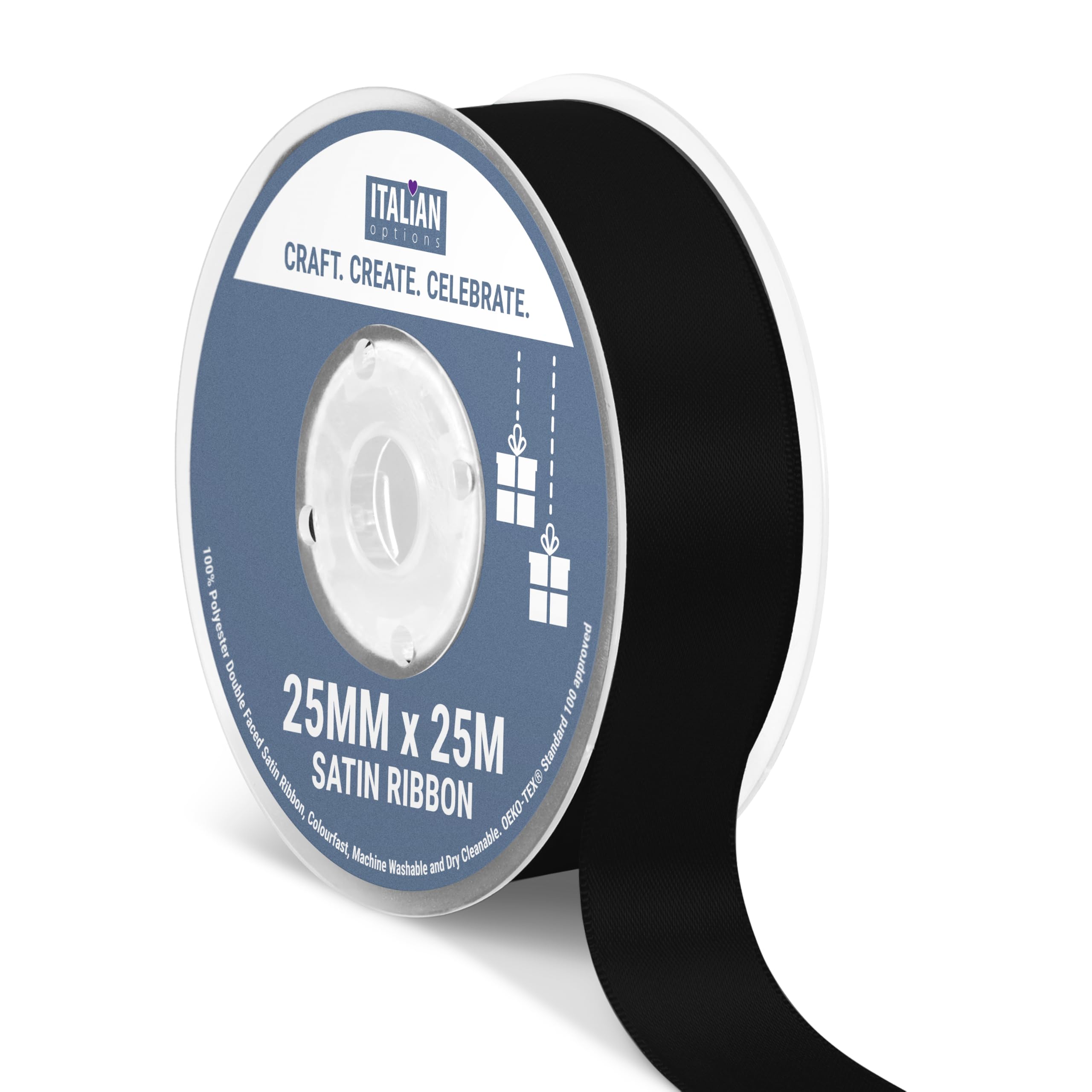 Italian Options Satin Ribbon, Fabric Ribbons for Gift Wrapping, Crafting, Balloons, Wedding Car, Presents, Cake, Christmas, Birthday, Gift Wrap Accessories, 25mm Wide x 25 Metre Roll, Black