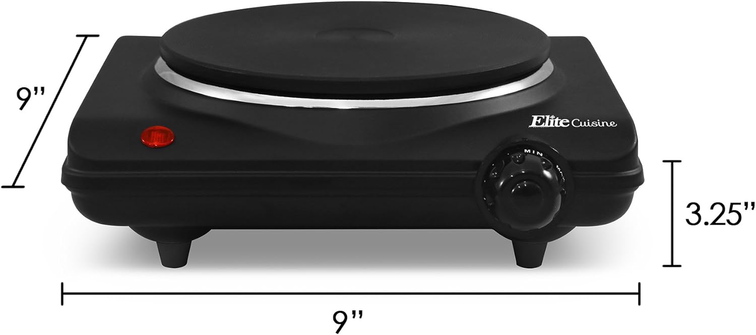 Elite Gourmet Single Electric Flat Cast Iron Heating Plate Burner Power Indicator Light, Non-Skid Feet, Easy To Clean, Black: Electric Countertop Burners: Kitchen & Dining