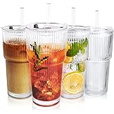 Colnic 4PCS 20oz Glass Cups with Lids and Straws, Iced Coffee Cups with Lids, Stylish Ribbed Thick Drinking Glasses Tumbler for Juice, Smoothies, Cold Beverages, Cute Cup Gifts with Clean Brush