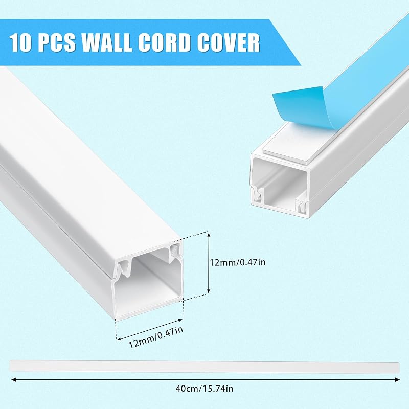 Canalina Passacavi Adesiva, Cavo TV ordinato, Canalina Passacavi Muro, 12 mm(D)*12 mm(A)*0.4m(L), Verniciabile, Autoadesivo, Copertura per Cavi per Computer a Casa o in Ufficio(10 Pezzi)