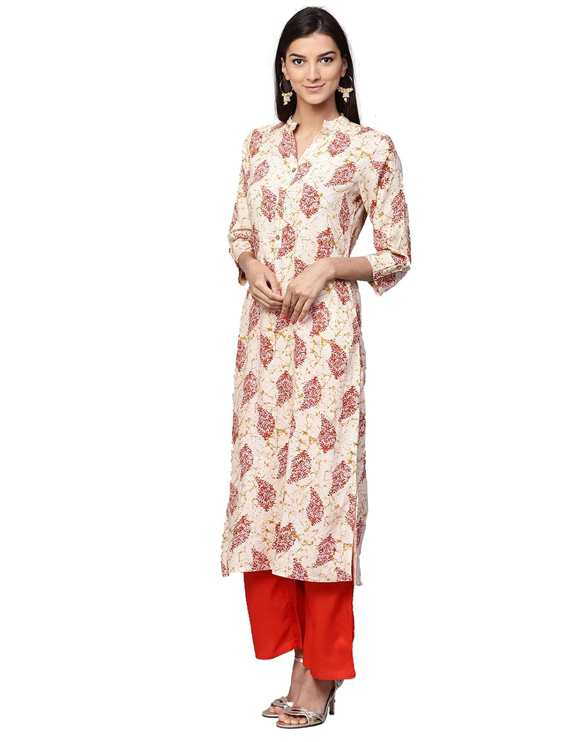 jaipur kurti women off-white & orange printed rayon kurta with palazzos