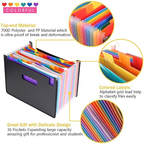 Mukawa 24 Pocket Expanding File Folder - Accordion Organizer For A4/Letter Paper, Black With Colored Tabs