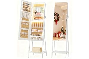 LVSOMT LED Standing Jewelry Mirror Cabinet, Stand Up Full Length Mirror with Storage, Lockable Floor Jewelry Armoire Organizer with 2 Drawers, Bottom Shelf, Built-in Lighted Makeup Mirror (White)