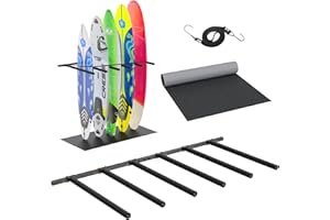 LXVOOEE Vertical Surfboard Rack for Wall, Surfboard Wall Mount with Bungee Cord and Rubber Mat, 4/6 Arms Metal Garage Surfboard Stand Wall Decor for Surf Board, Paddle Board SUP, Wakeboard, Snowboard
