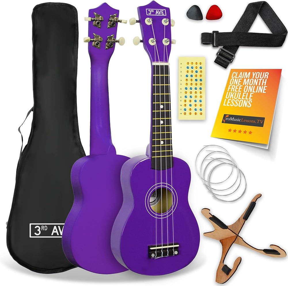 3rd Avenue Soprano Ukulele 21 Inch Beginner Pack Purple – Bag Stand Strings