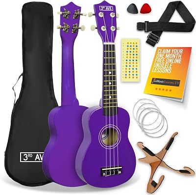 3rd Avenue Soprano Ukulele 21 Inch Beginner Pack Purple – Bag Stand Strings