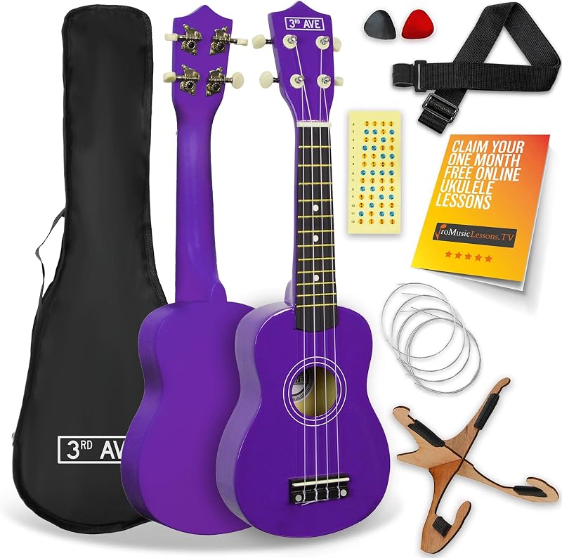 3rd Avenue Soprano Ukulele 21 Inch Beginner Pack Purple – Bag Stand Strings