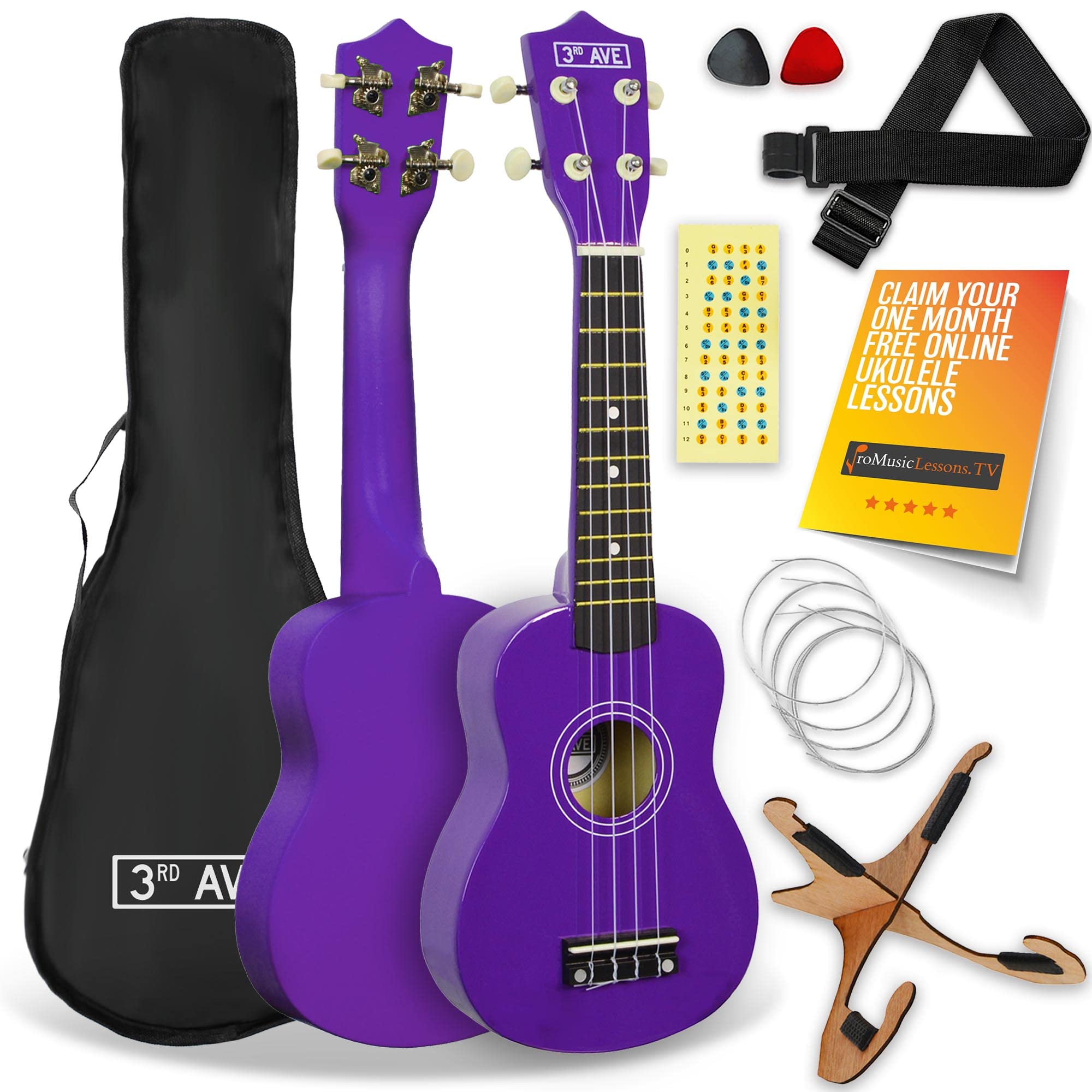 3rd Avenue Soprano Ukulele 21 Inch Beginner Pack Bundle – Bag, Stand, Strap, Strings, Picks and Fret Stickers – Purple with FREE 1 Month Online Lessons — image 1