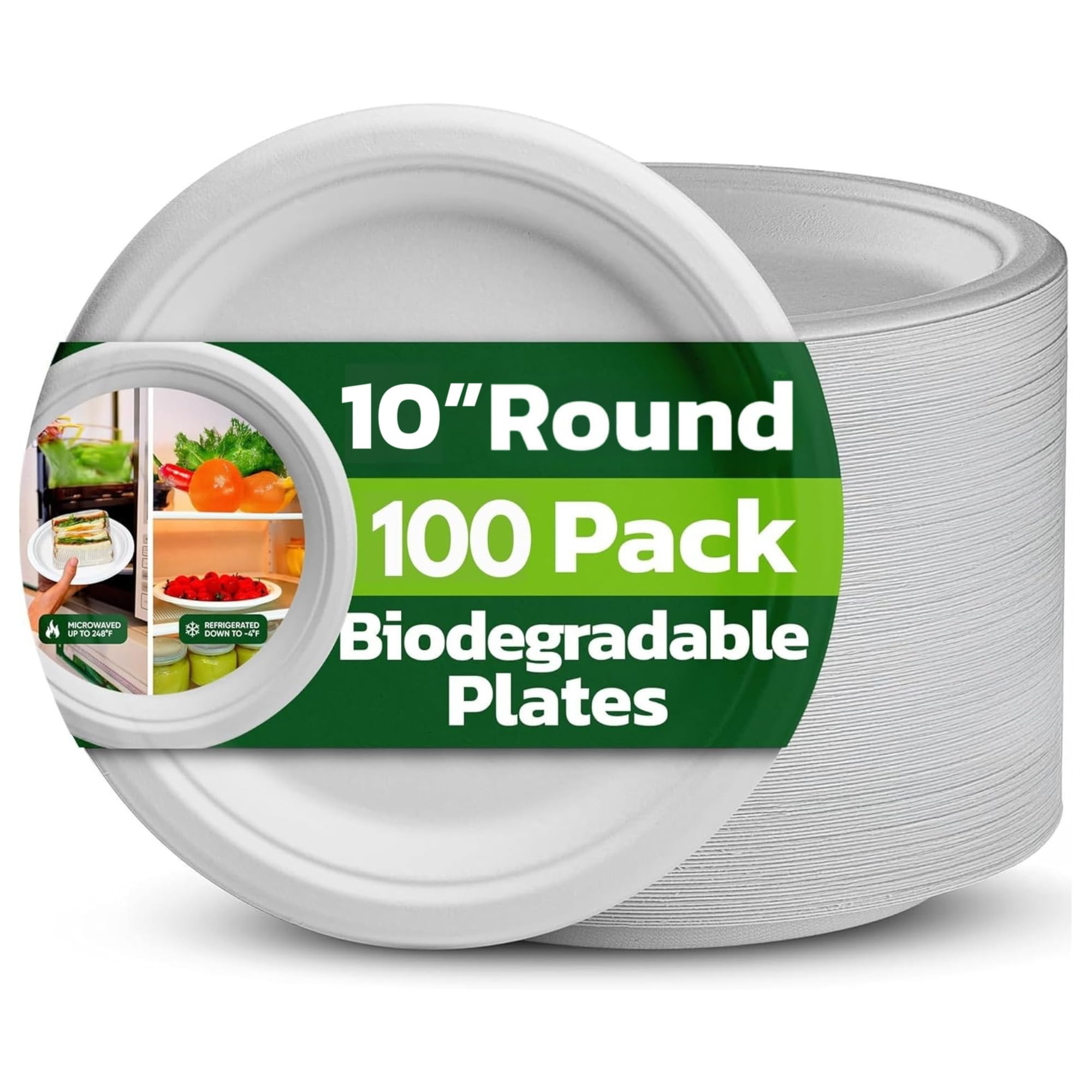 Ask Packaging Strong Paper Plates (10 Inch - 100 Pack) 100% Compostable Disposable Bagasse Plates - Heavy Duty Eco-Friendly Biodegradable Sugarcane Plate for Parties – Microwave & Freezer Safe — image 1