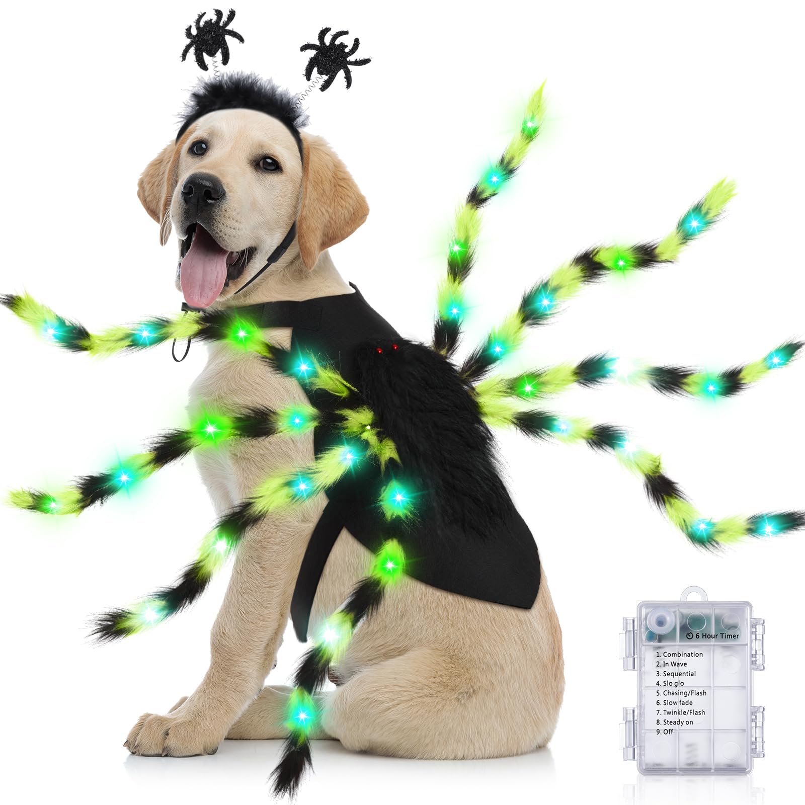Photo 1 of JaGely 2 Pcs Halloween Costumes for Dog Giant Spider Headband Costume Set Adjustable Halloween Costume Accessories for Medium and Large Dogs Cute Pet Headwear for Parties Pets Cosplay(Green)