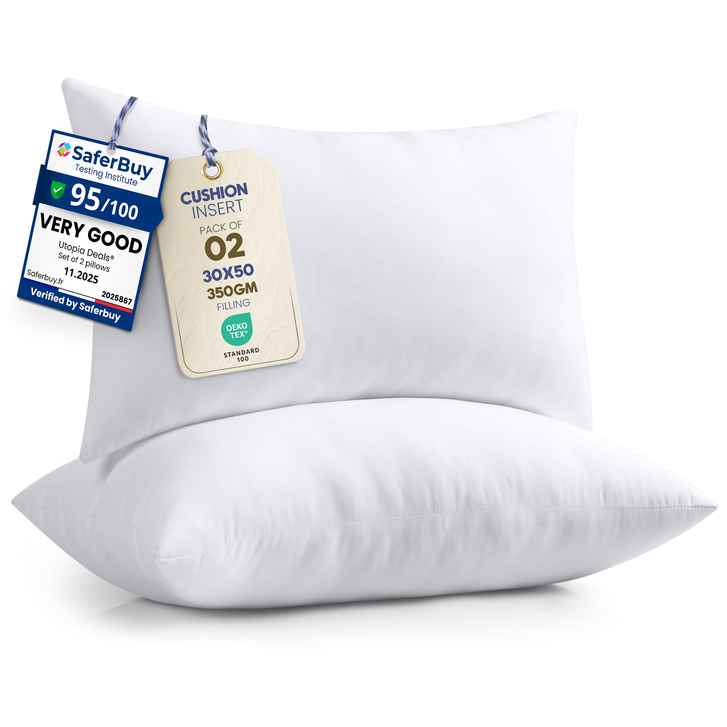 Utopia Bedding Cushion Inserts 30cm x 50cm (12x20 inch) Pack of 2 Hollowfibre Inner Pads for Sofa or Bed – White Cushions Fillers — image 1