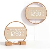 Driini Large Round Digital Wall Clock in Bamboo with Date and Temperature | A modern auto-dimming LED display showing the time, day of the week and indoor humidity, powered by plug-in USB.