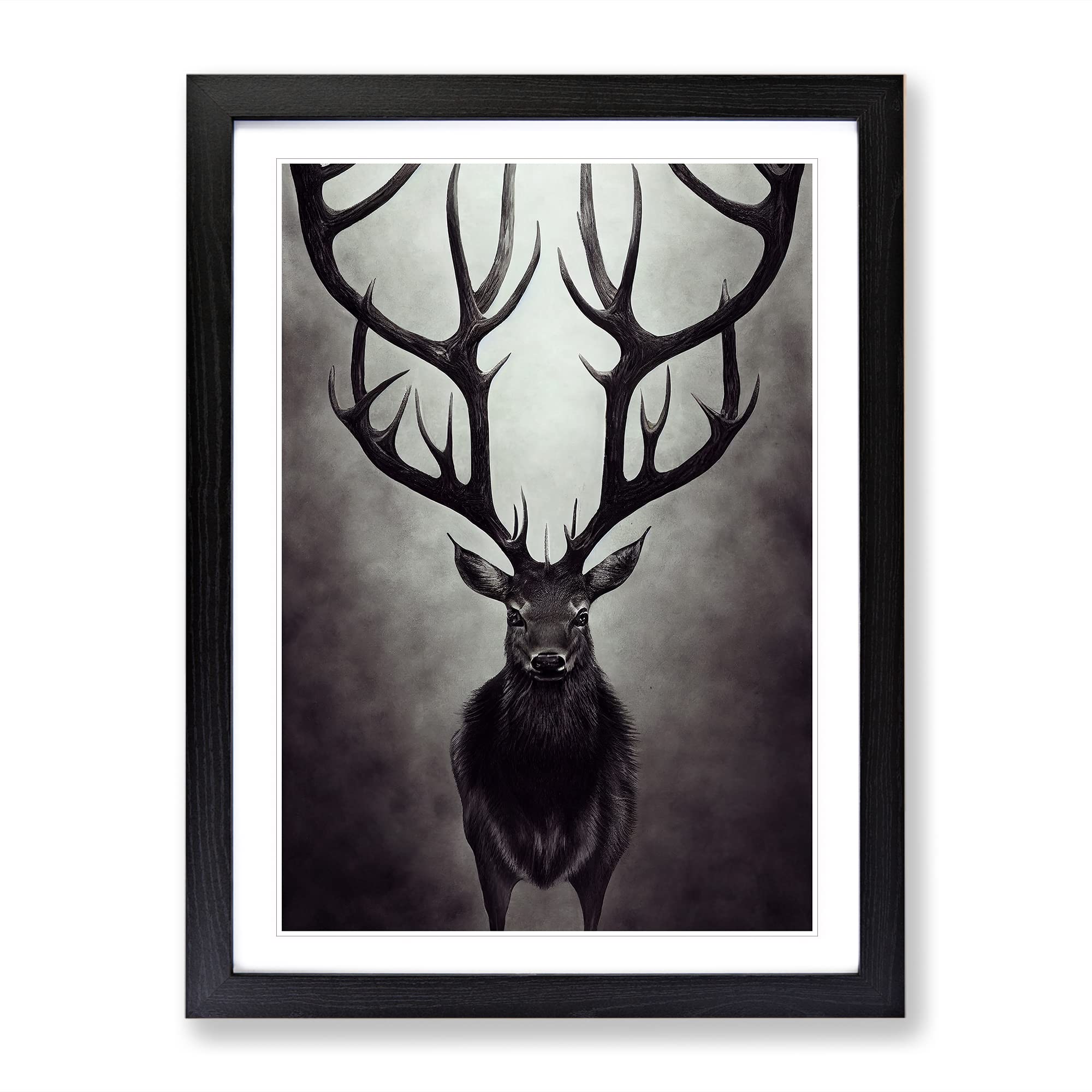 Portrait Of A Wild Stag No.1 Framed Print | A3 Black Framed Wall Art | Ready to Hang | Modern Animal Picture | Living Room Bedroom Lounge Office
