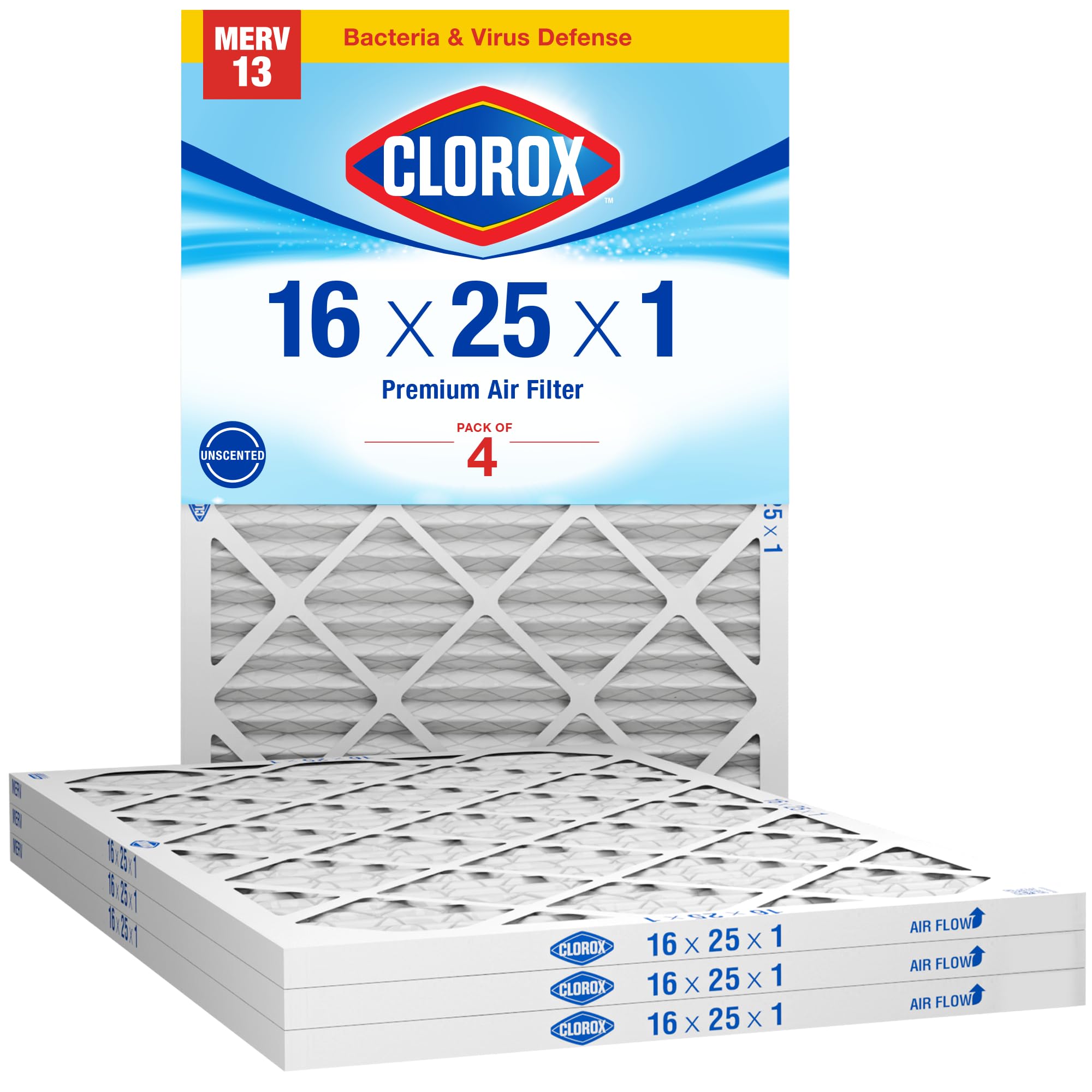 Photo 1 of ***only 2**    Clorox 16x25x1 Air Filter, MERV 13 Pleated HVAC AC Furnace Air Filters, MPR 1500 & FPR 10 – Pack of 2