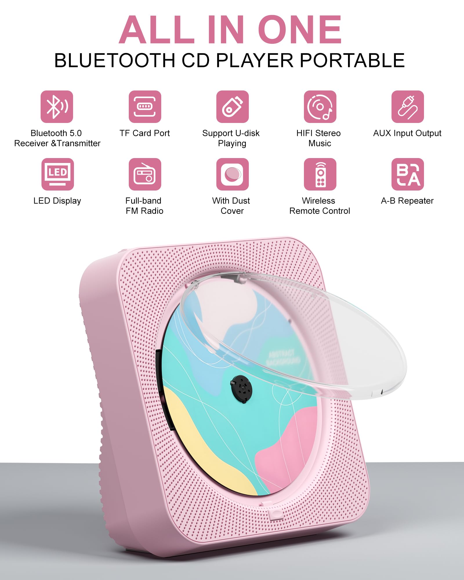 CD Player Portable with Bluetooth 5.1Desktop CD Player with HiFi Sound Speakers,Remote Control,Dust Cover,LED Display,Boombox FM Radio,USB/AUX for Home (Pink)