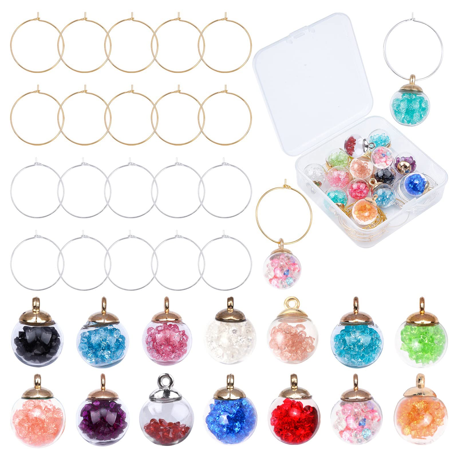 SUNNYCLUE Wine Glass Charms Tags Wine Glass Identifiers Markers with 14 Pieces Glass Beads & 20 Pieces Hoop Earrings Findings for Party Christmas Wedding Valentines Day Favors Family Gathering UK