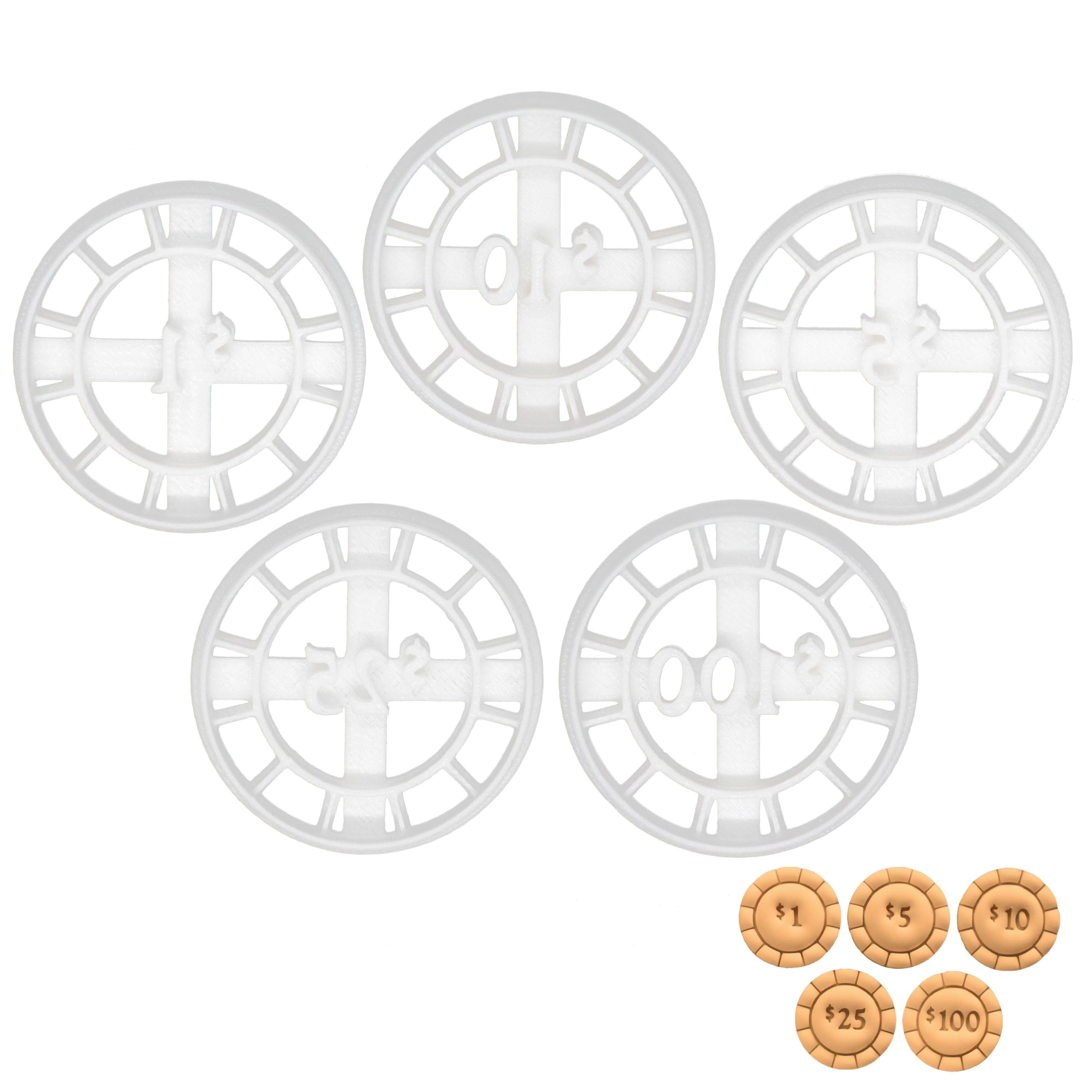 Bakerlogy Cookie Cutter Set of 5 (Poker Chips: Value 1, 5, 10, 25, 100) - 3D Printed, Dishwasher Safe, Ideal for Dough, Fondant, Clay
