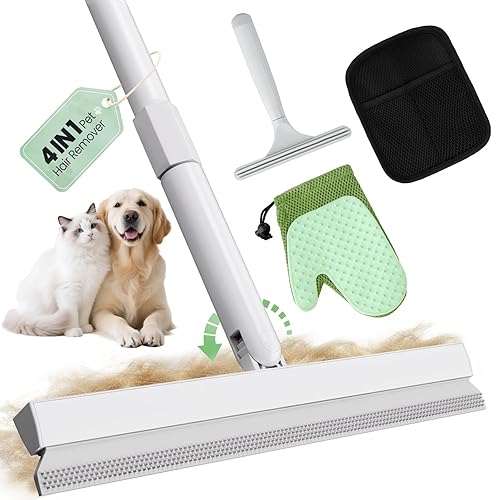 4 in 1 Carpet Rake Kit for Pet Hair Removal Tool - Pet Hair Remover For Couch Floor Mat Carpet, Contain Pet Hair Removal Glove, Magic Brush, Scraper and 60" Adjustable Rubber Broom for Quick Clean